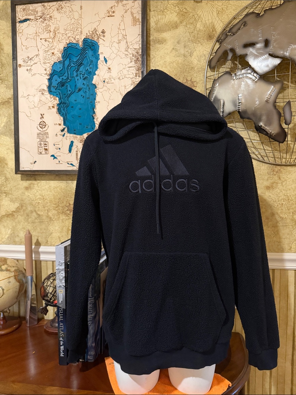 adidas Black Sherpa Hoodie with Raised Logo XL
